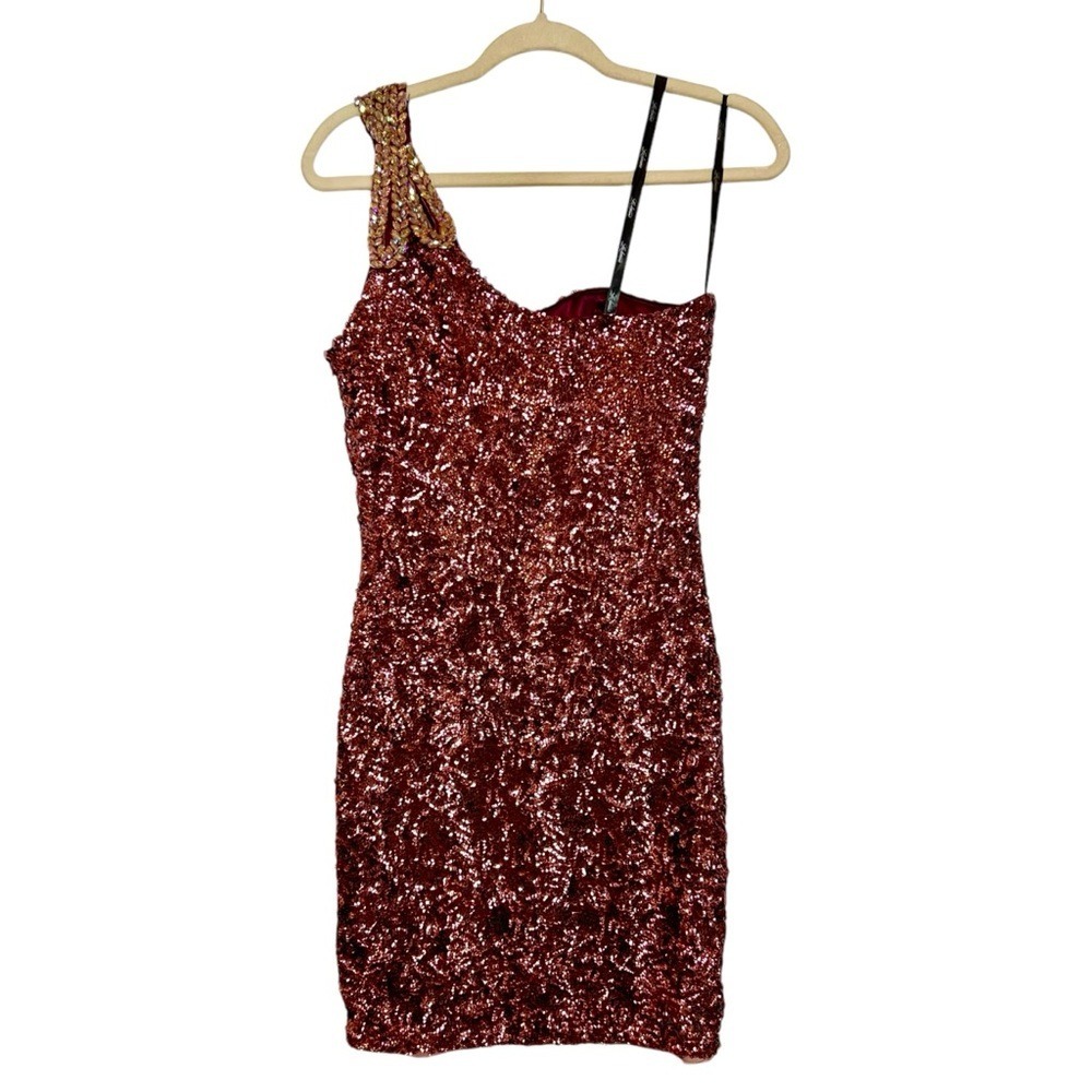 LA FEMME One Shoulder Sequin Mini Dress. Size 6 - Picture 3 of 9